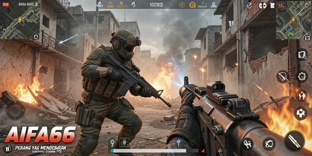 Screenshot gameplay AIFA66 menunjukkan aksi tembak-menembak yang mendebarkan.