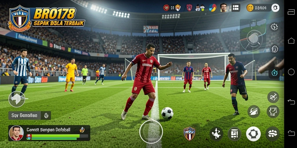 Tangkapan layar dari gameplay BRO178 yang menunjukkan pertandingan sepak bola yang seru.