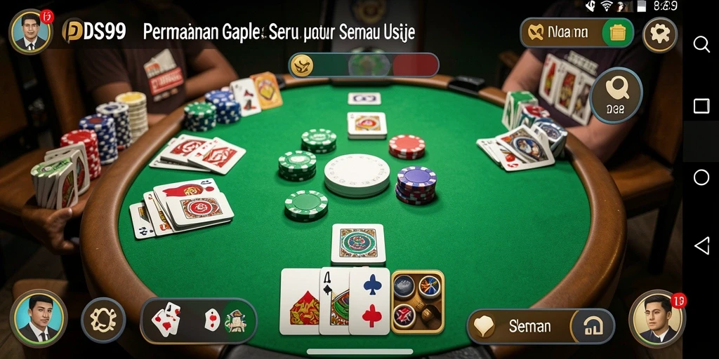 Tampilan gameplay DS99 dengan antarmuka permainan Gaple yang menarik.