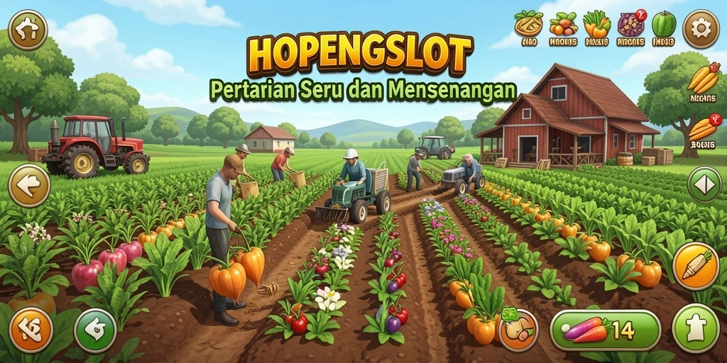 Gambar gameplay HOPENGSLOT yang menunjukkan aktivitas pertanian yang seru.